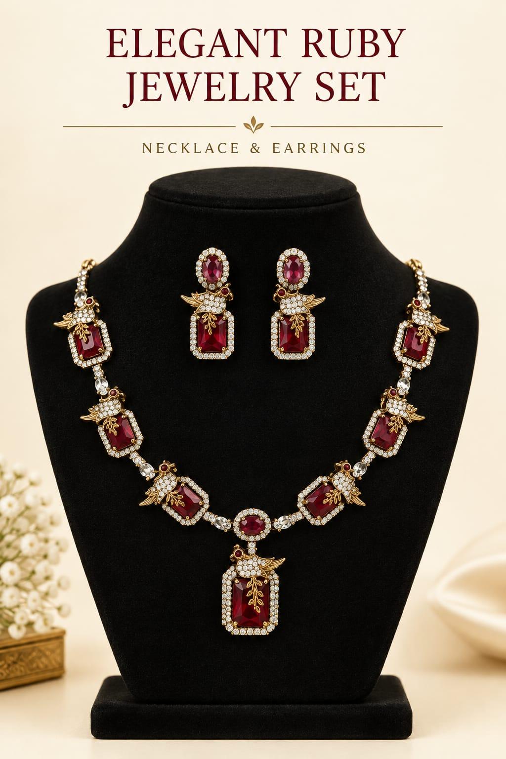 Victorian pendant necklace-Ruby ad stone party wear necklace with earring Victorian pendant necklace-Ruby ad stone party wear necklace with earring