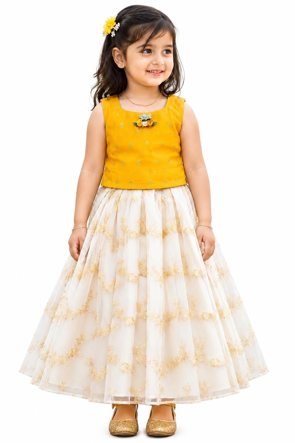 Gold yellow silky blouse with white golden floral skirt Gold yellow silky blouse with white golden floral skirt