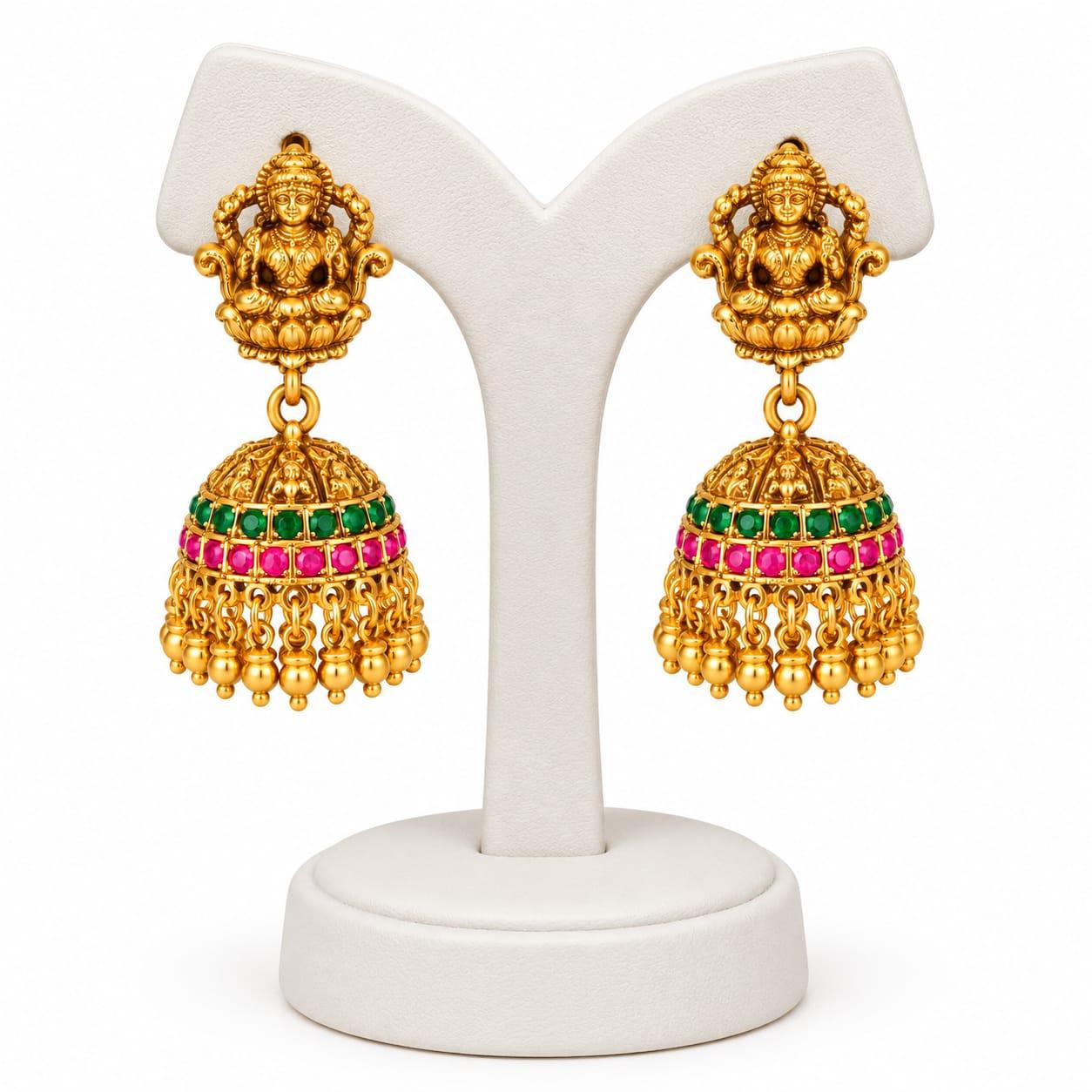 Lakshmi devi temple jhumka-green pink stone earring Lakshmi devi temple jhumka-green pink stone earring