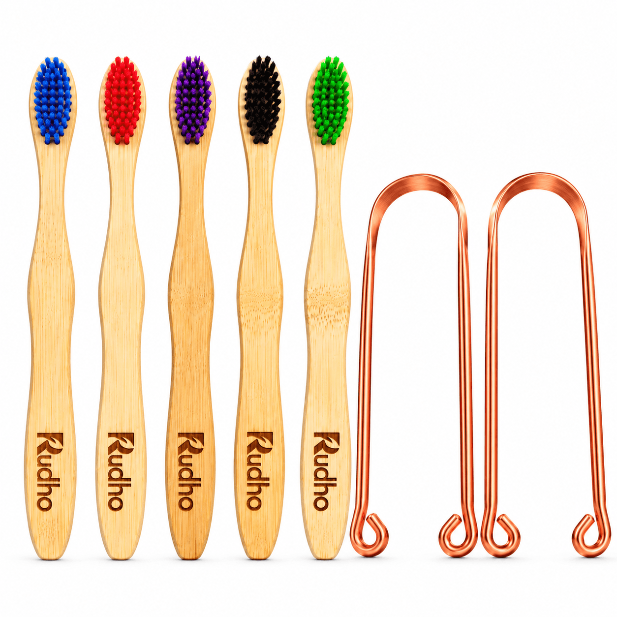 RUDHO Multicolour Bamboo Toothbrush Pack of 5 with 2 Copper Tongue Cleaners Combo for Men Women & RUDHO Multicolour Bamboo Toothbrush Pack of 5 with 2 Copper Tongue Cleaners Combo for Men Women &